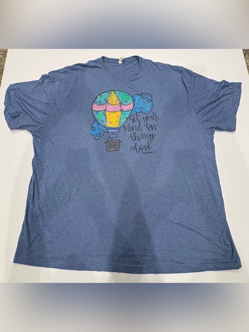 Blue Graphic Short Sleeve Tee with Colorful Hot Air Balloon